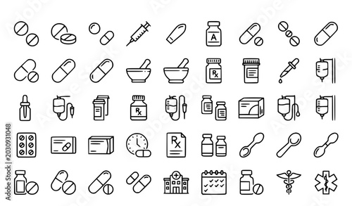 Obraz na plátně Simple Drugs Line Icon Set Featuring Medication Syringe Antibiotics and Pharmace