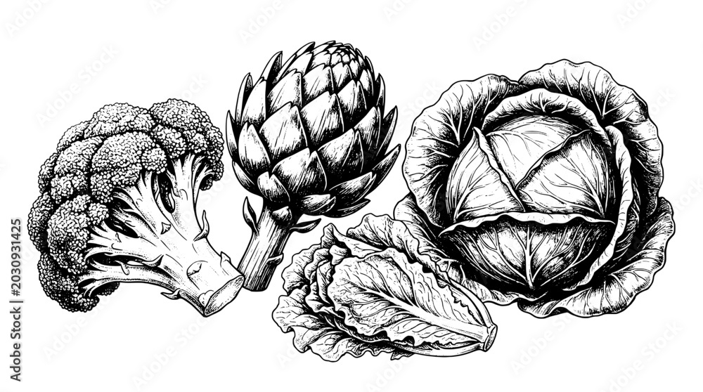 Fototapeta premium Vegetables illustration set with broccoli, artichoke, cabbage, and lettuce featuring healthy, food, drawing with black and white and line art