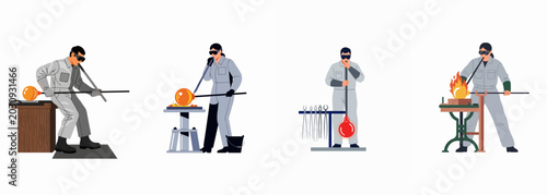 Photos Collection of Professional Glassblowers Working with Molten Glass and Blowpipes