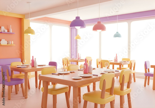 Pink restaurant dining room with wooden tables and chairs