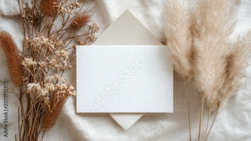 Blank card with dry floral elements on fabric background copy space