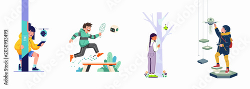 Quadro su tela Flat vector illustration set of children playing with futuristic drones, robots, and advanced technology in a modern and imaginative setting