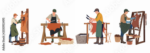 Foto Traditional Leather Tanning Process Illustrations Set Featuring Skilled Artisans Working on Animal Hides and Skins in a Professional Workshop Environment