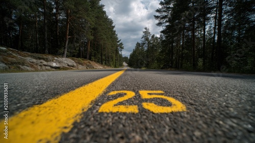 Road with number 25 painted asphalt trees and dramatic sky