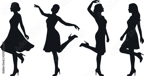 Cuadro en lienzo Silhouette of four people dancing in a row against a white background dance figu
