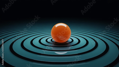 Vibrant orange sphere sits atop concentric black circles on a teal background with a dark gradient