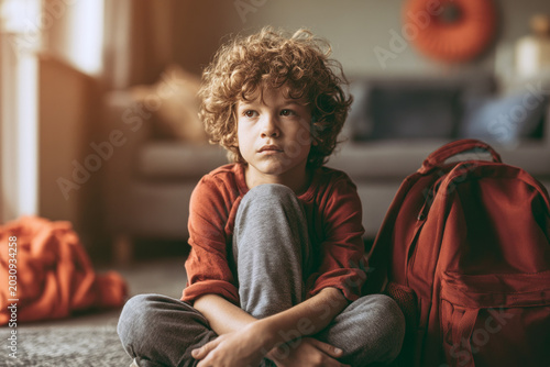 Sad schoolboy sitting on the floor with a backpack at home, representing school stress, anxiety, refusal, morning routine and child wellbeing