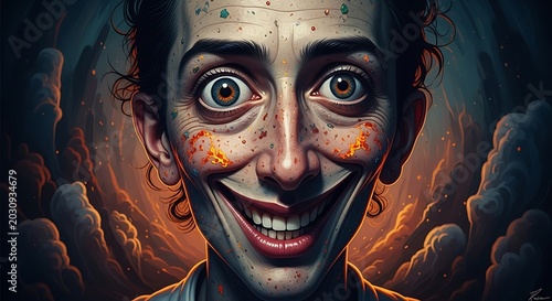 Manic smiling face with wide eyes and glowing spots in dark background