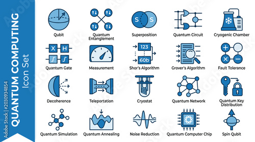 Fotografie Quantum computing icon set with 20 blue line vector elements, futuristic technol
