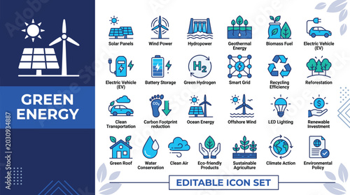 Tableau sur toile Green energy icon set with 24 renewable power symbols, sustainable ecology vecto