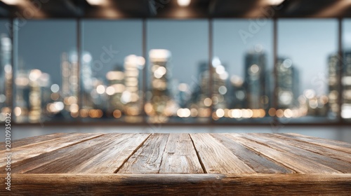 Wooden table foreground with blurred cityscape background at night
