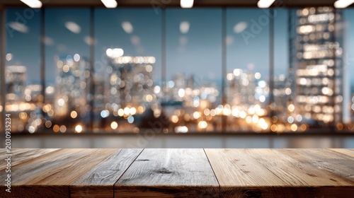 Wooden table with city lights background for product display