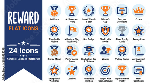 Reward flat icons set of 24 vector symbols, achievement trophy and success award illustrations, blue and orange victory medals for business and education