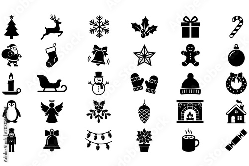 Collection of Festive Christmas Icons Featuring Traditional Holiday Symbols like Santa Claus, Snowflakes, and Ornaments