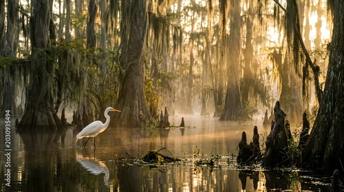 Great egret in louisiana cypress swamp at golden hour