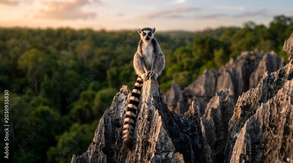 Naklejka premium Ring tailed lemur perched on limestone pinnacle madagascar wildlife
