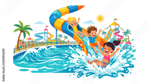 Canvastavla Aquatic Adventure: Children gleefully slide down a vibrant water slide, splashing into a pool at a lively water park under a sunny sky, promising summer fun