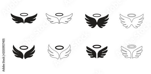 Set of Angel wings with halo Icon, Angel wings with halo Vector Illustration