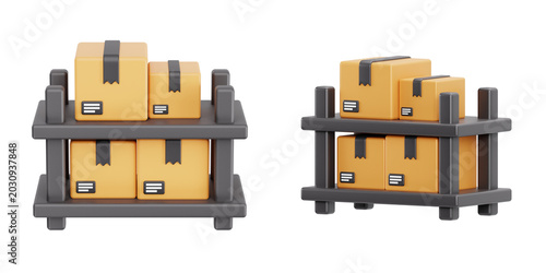 3D Render of Warehouse Storage Shelf with Cardboard Boxes