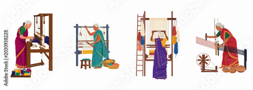 Canvastavla Traditional Indian Women Weaving Textiles on Handlooms and Spinning Wheels Illus