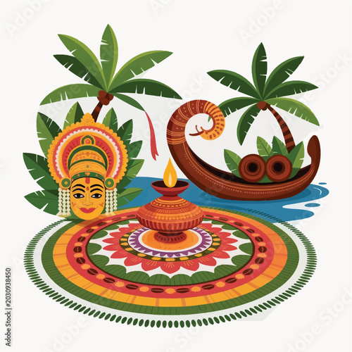 Traditional Onam Festival Kerala Cultural Elements Vector Illustration