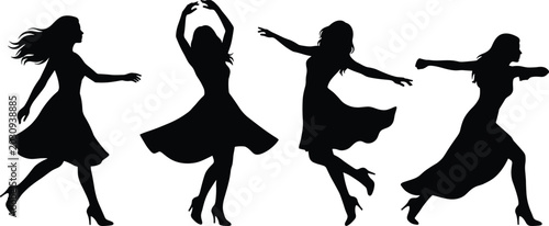 Tableau sur toile Silhouettes of four people in various dynamic poses against a white background b
