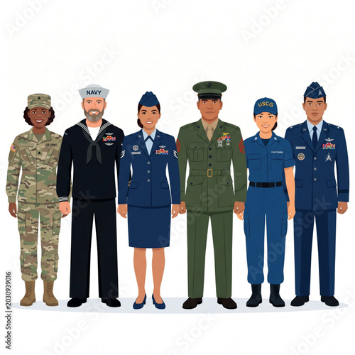 A Diverse Group of Military Service Members in Uniform, Representing Different Branches and Genders