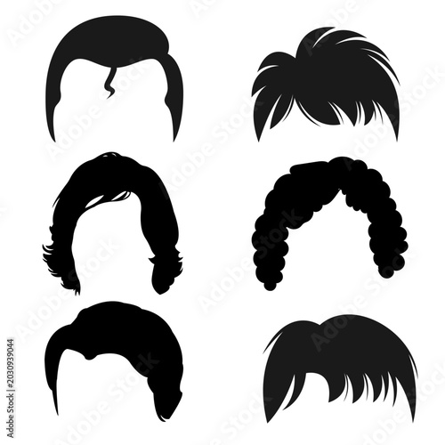 Male hairstyle silhouettes and hair toupee shapes collection for barber shop branding and grooming style guides.