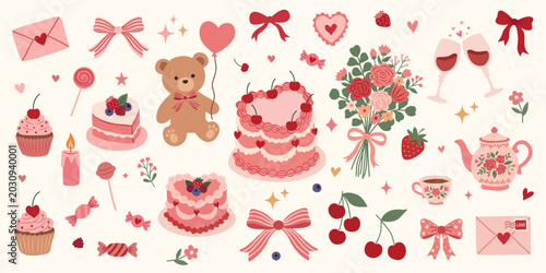 Foto Hand drawn coquette elements set for valentines day, wedding invitation, and birthday card with vintage theme