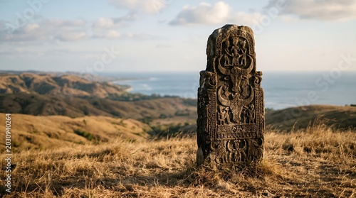 Ancient Stone Carving Monument with Intricate Reliefs Against Coastal Landscape