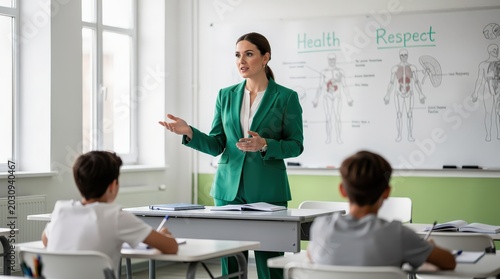 A female teacher in a green blazer explains human anatomy to attentive students in a bright classroom with health and respect diagrams on the whiteboard.