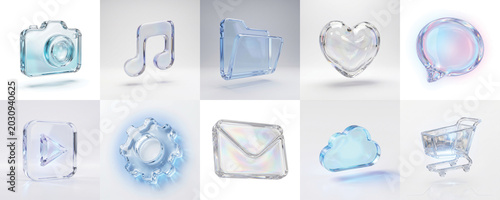 Set of 3D icon isolated on white background. Transparent Liquid Glass icon 3D rendering
