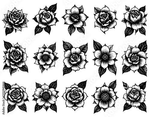 illustration hand drawn flowers set black and white