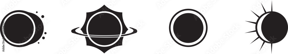 Φωτογραφία 8 Solar Eclipse silhouette icons moon phases sun rings stars, solid black style,