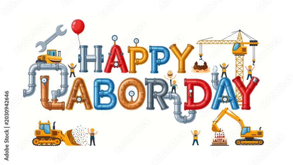 Naklejka premium Happy Labor Day with Industrial Theme: A vibrant illustration celebrating Labor Day, featuring the words Happy Labor Day constructed from pipes, tools, and construction elements.