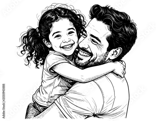 illustration hand drawn father and children black and white
