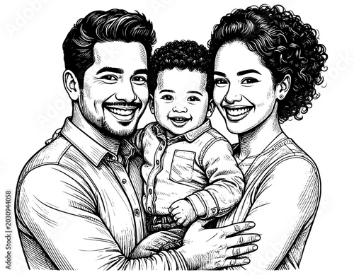 illustration hand drawn happy family black and white