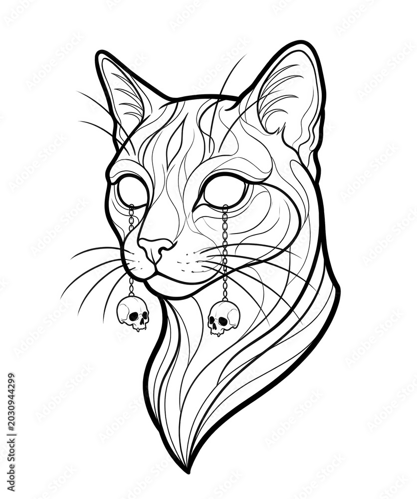 Obraz premium Cat head with skull earrings outline for coloring page isolated on white