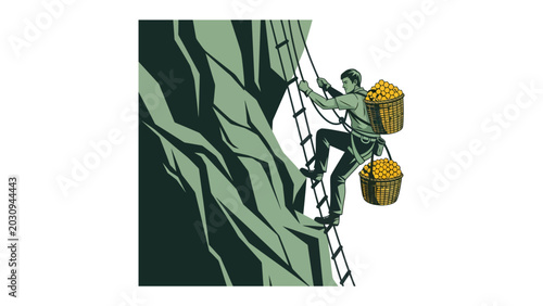Foto A Determined Climber Ascends a Steep Mountain with Treasures: A solitary figure, laden with heavy baskets of gold, navigates a precarious ladder attached to a sheer rock face