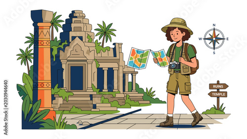 Принти на полотні Adventurous Explorer in Ancient Ruins: A young female explorer, dressed in safari attire, navigates ancient temple ruins with a map and compass