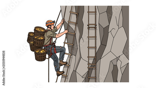 Bilde på lerret A Miner Ascends a Rocky Cliff with a Precious Cargo: An illustration depicts a determined miner, equipped with a helmet and headlamp, scaling a steep rock face using a rope ladder