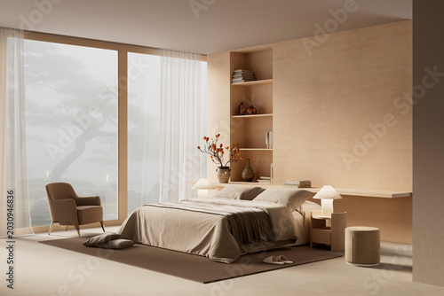 Elegant modern bedroom interior with neutral tones, warm wood textures and minimalist contemporary apartment styling. 3D illustration
