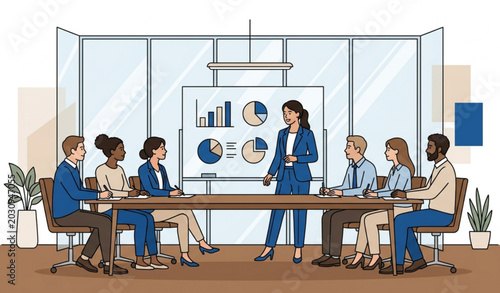 Canvastavla businesswoman leading corporate strategy meeting in glass conference room