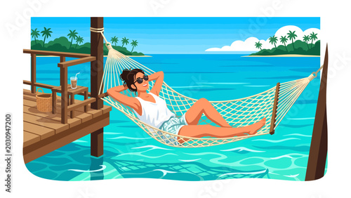 Tableau sur toile Paradise Found: A woman relaxes in a hammock suspended over crystal-clear turquoise water, with a tropical island backdrop of palm trees and lush greenery under a bright blue sky