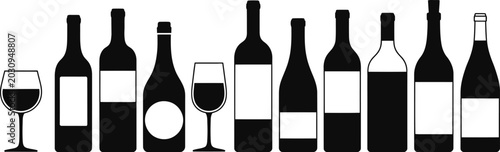 Foto Assorted wine bottles and wineglasses vector line up elements for bar menu resta
