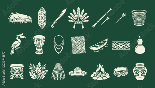 Photos Dayak Borneo heritage icons featuring traditional tribal symbols and ethnic cult