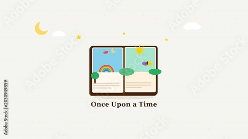 A serene nighttime scene of an open book with a rainbow and a crescent moon.