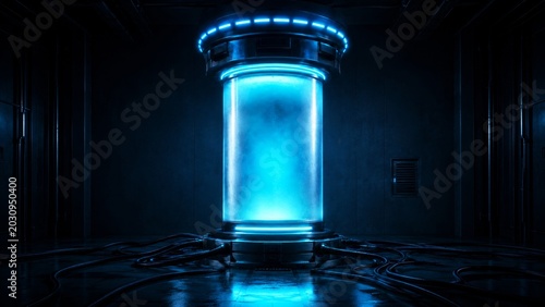 A futuristic chamber illuminated in blue light, surrounded by dark metallic walls and cables, suggesting advanced technology.