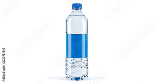 Clear plastic water bottle with blue liquid isolated on white background minimal design