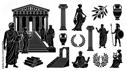 Ancient Greek Roman Culture Black Silhouette Vector Icons Set. Historical figures, architecture, mythology elements.
